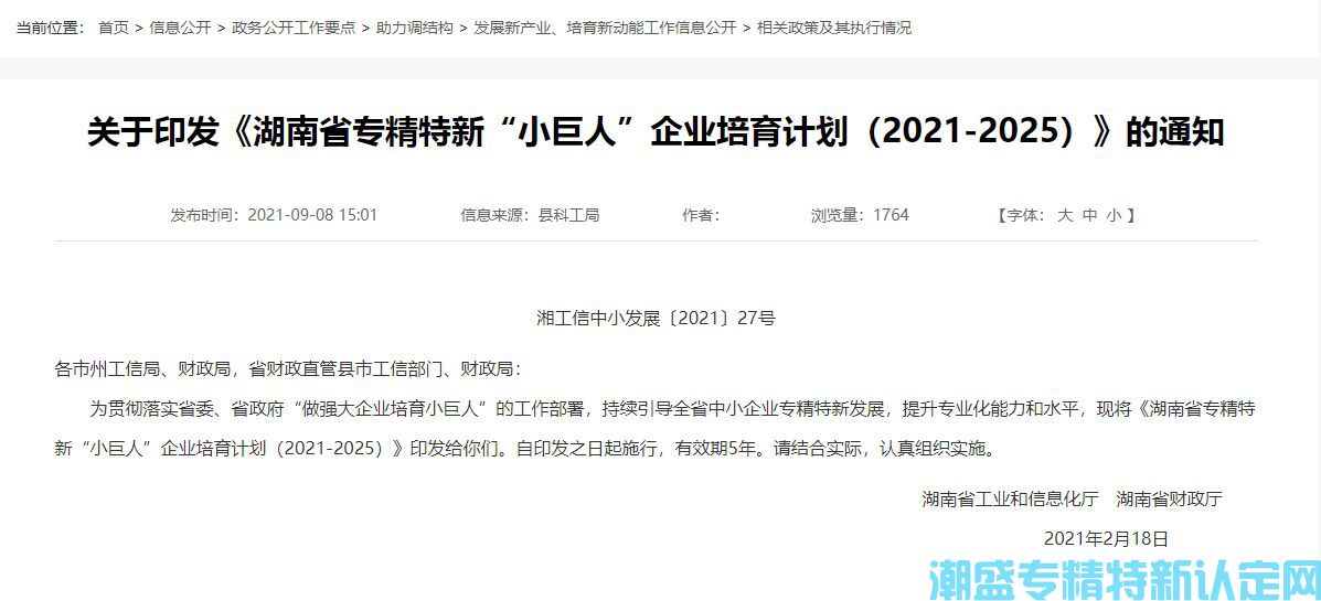 湖南省专精特新“小巨人”企业培育计划（2021-2025）