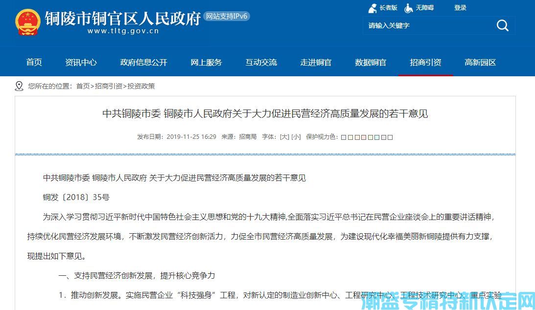 铜陵市"专精特新"奖励政策：关于大力促进民营经济高质量发展的若干意见