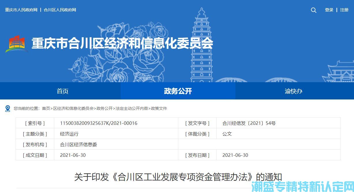 重庆市合川区"专精特新"奖励政策：合川区工业发展专项资金管理办法