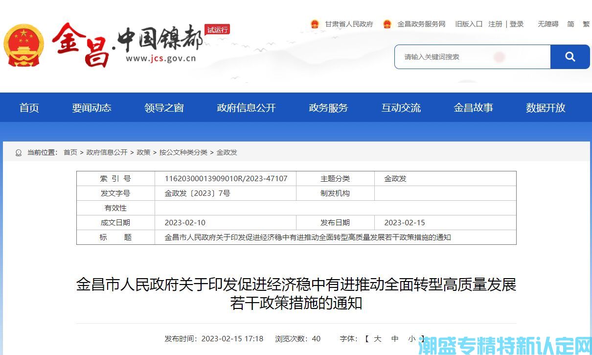 金昌市"专精特新"奖励政策：金昌市促进经济稳中有进推动全面转型高质量发展若干政策措施