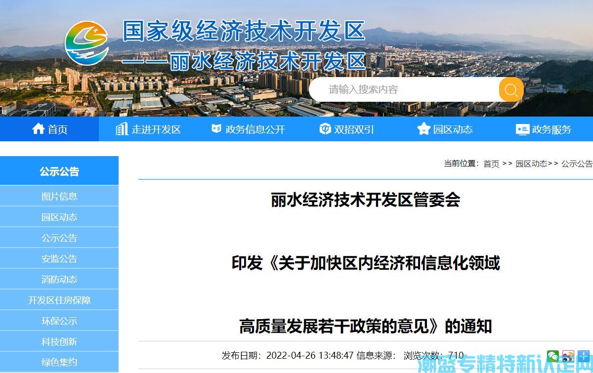 丽水市经开区"专精特新"奖励政策：关于加快区内经济和信息化领域高质量发展若干政策的意见