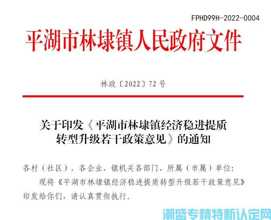 嘉兴市平湖市林埭镇"专精特新"奖励政策：平湖市林埭镇经济稳进提质转型升级若干政策意见