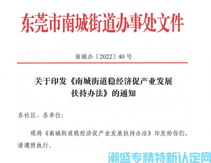 东莞市南城街道"专精特新"奖励政策：南城街道推动产业发展实施细则