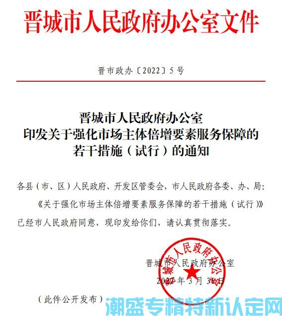 晋城市"专精特新"奖励政策：关于强化市场主体倍增要素服务保障的若干措施（试行）